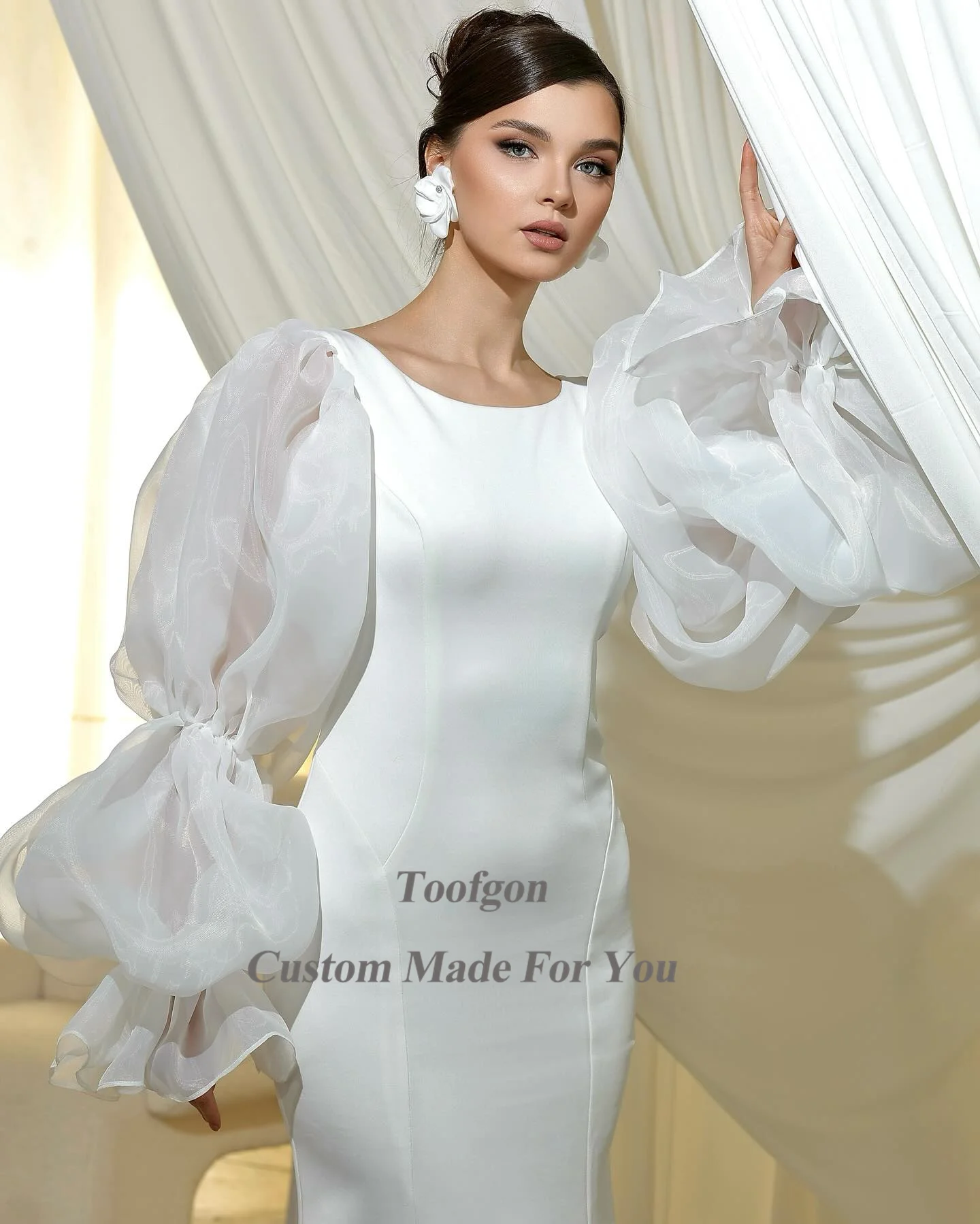 Toofgon Elegant Mermaid Satin Wedding Party Dresses Organza Long Sleeves Scoop Bride Dress Open Back Princess Bridal Gowns 2024