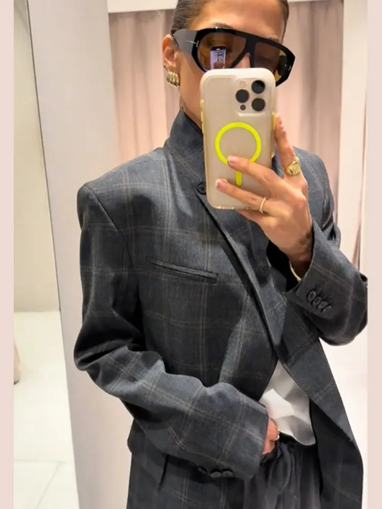 Irregular Plaid Blazer Jacket Stand Collar Full Sleeve Split Loose Short Jackets 2026 Fashion Lady Daily Commute Outwears