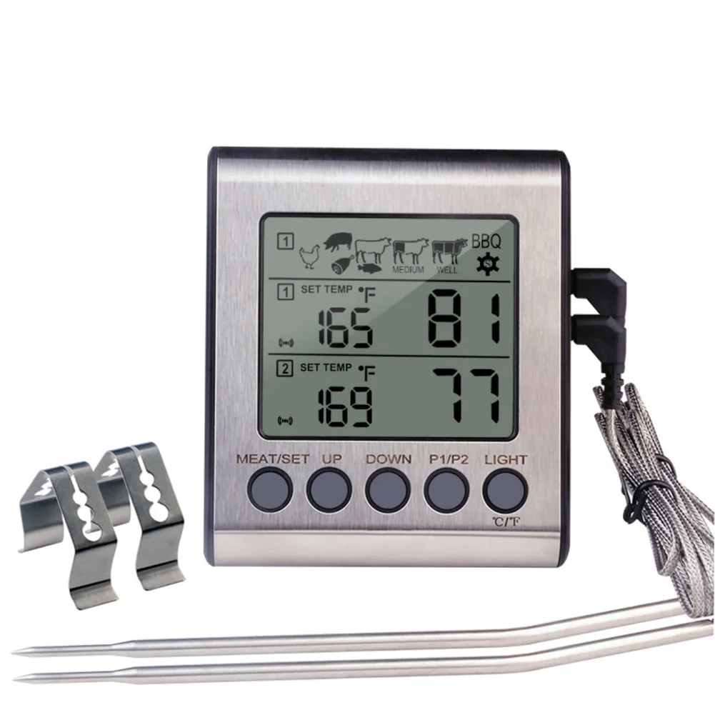 

Kitchen Cooking BBQ Thermometer Temperature Alarm Device 10*8.5cm Beeping Temperature Alerts Dual Temperature Probes