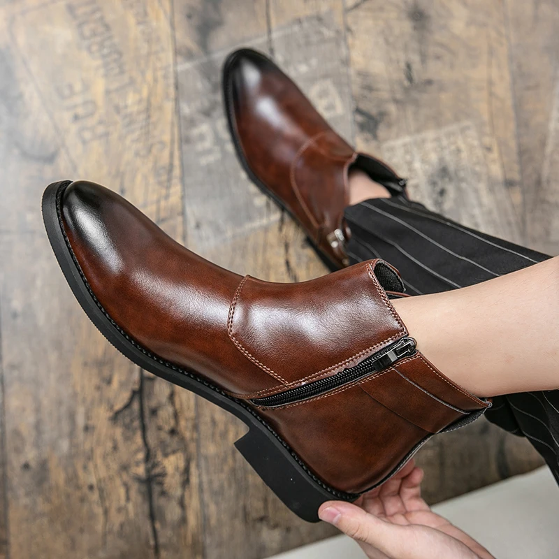 Primavera e outono grandes botas chelsea com zíper lateral esfregando cor negócios formal commuter simples casual botas na moda