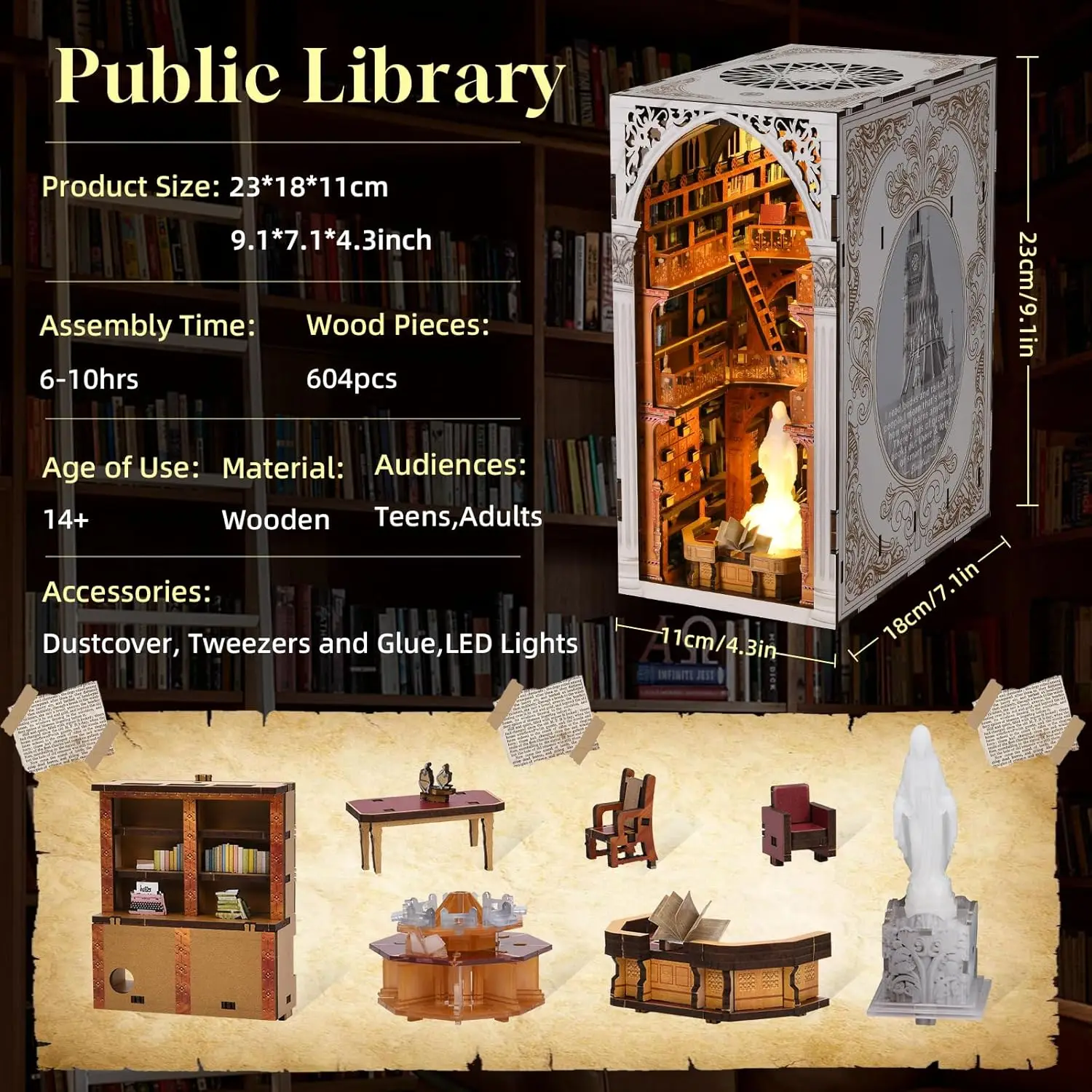 DIY Book Nook Kit Miniature House Puzzle with LED for Public Library Create a Display Museum Reading Room with LED Dust Cover