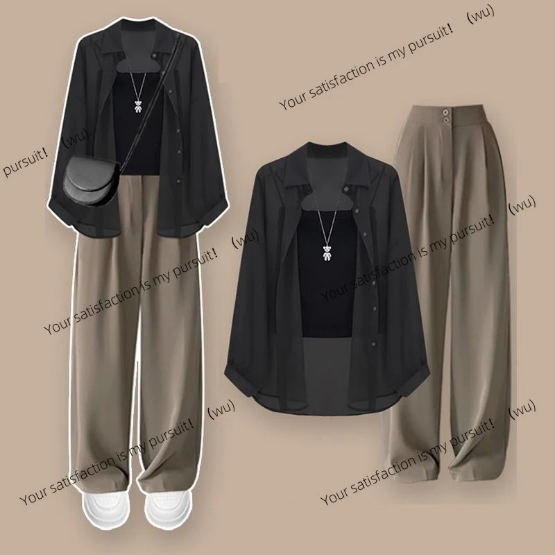 

Ladies' elegant chiffon sunscreen shirt, waist dress, wide-leg pants, three-piece exquisite French cardigan, set