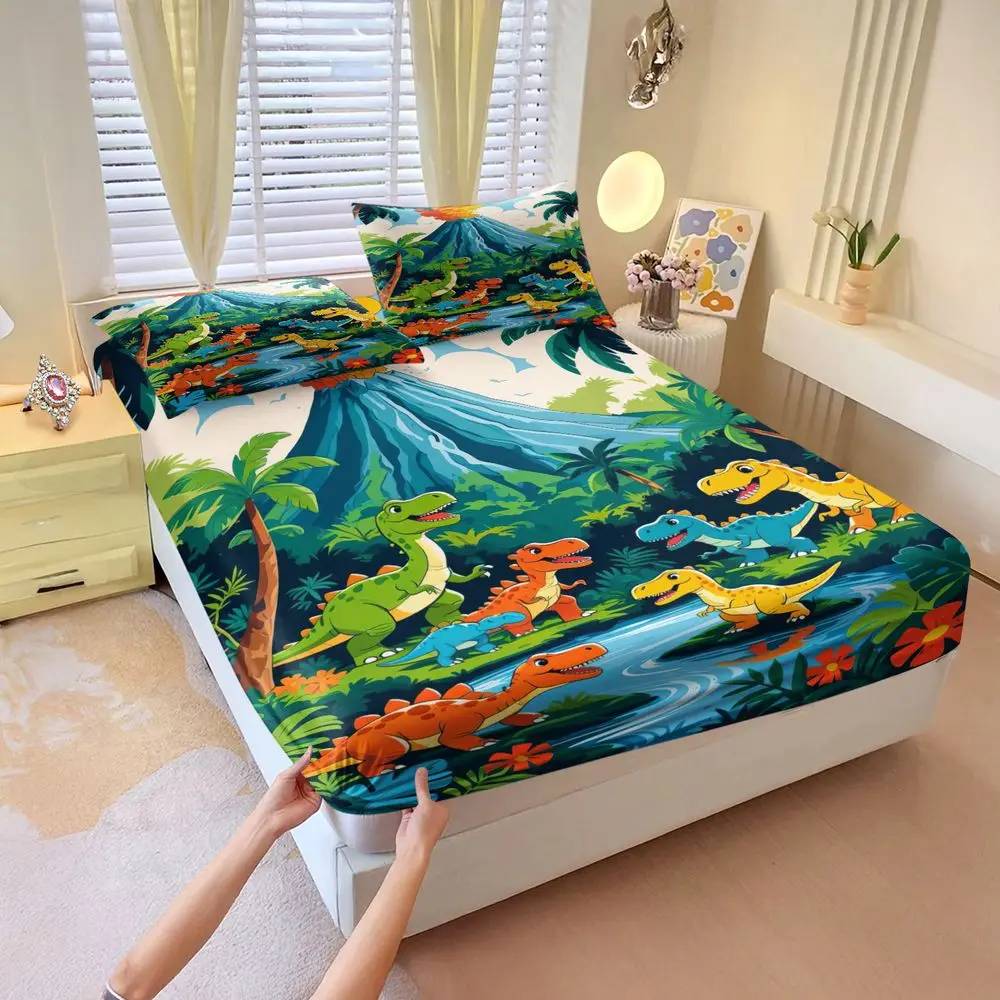 Cartoon Dinosaur Volcano Jungle Print Fitted Sheet Set Bedding Set No Fillers Soft Nature Adult Bedroom Printed Decor