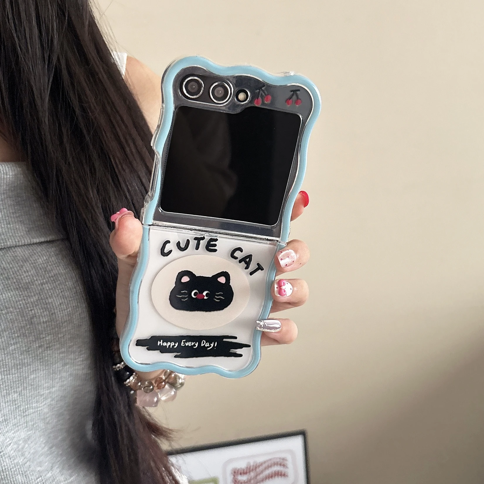 Korean English Cat Phone Case For Samsung Galaxy Z Flip7 6 5 4 3 Cover With Lanyard Wave Phone Cover For Z Flip7 Flip6 Phon Case