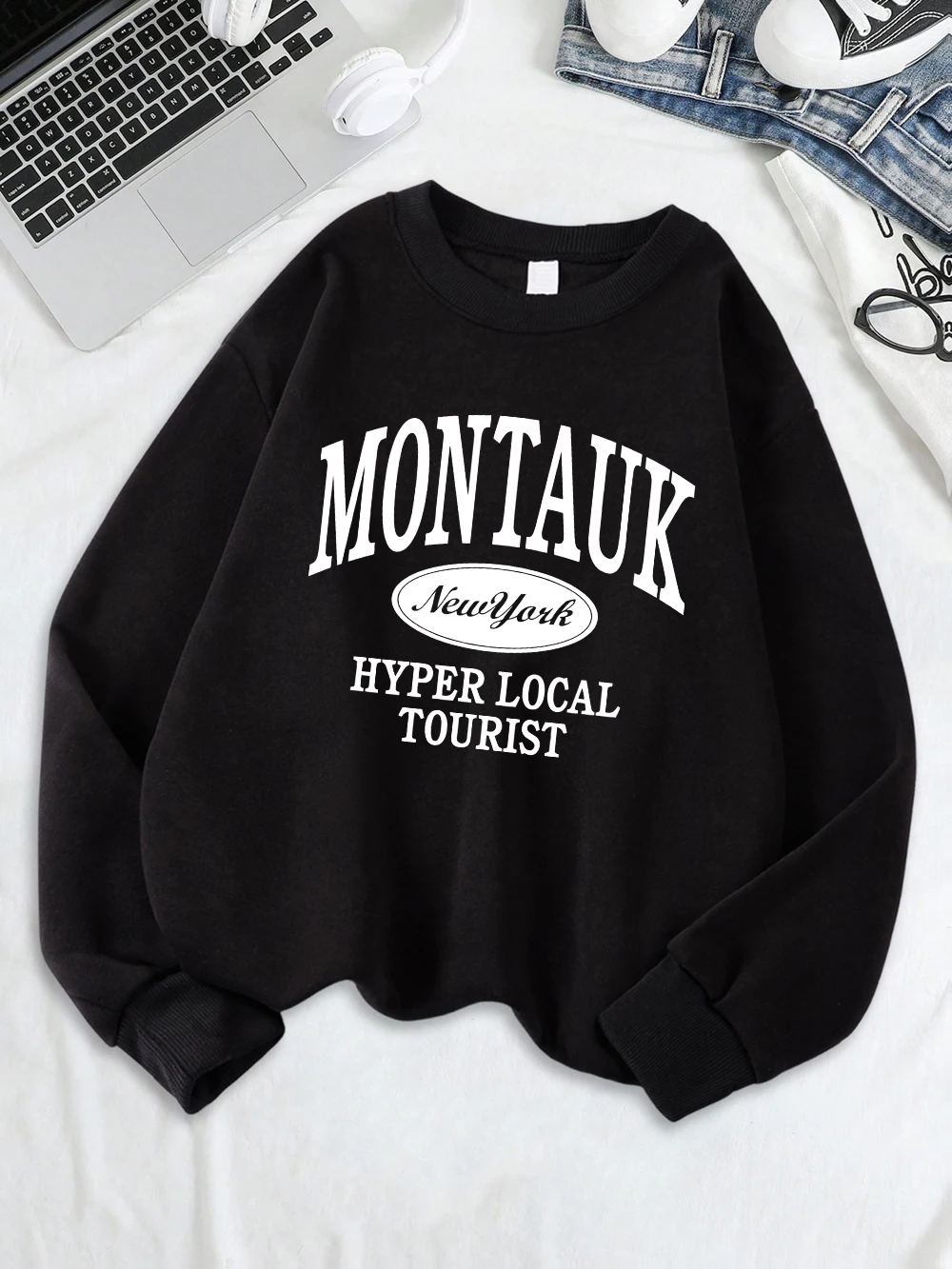 モンタウクニューヨークスポーツウェアプリントスウェットレディースフリース暖かいカジュアルパーカークルーネックルーズトップス冬快適な服