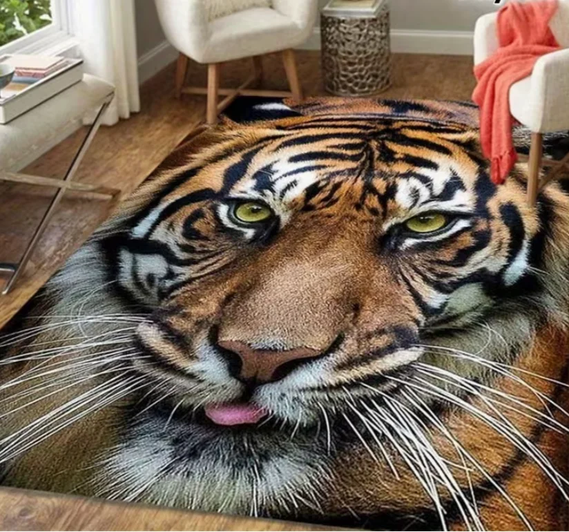 Living Room Rug Cute Tiger Face Realistic Style Theme Carpet Non-Slip Soft Easy Clean Wild Healing Personalized Home Decor Mat