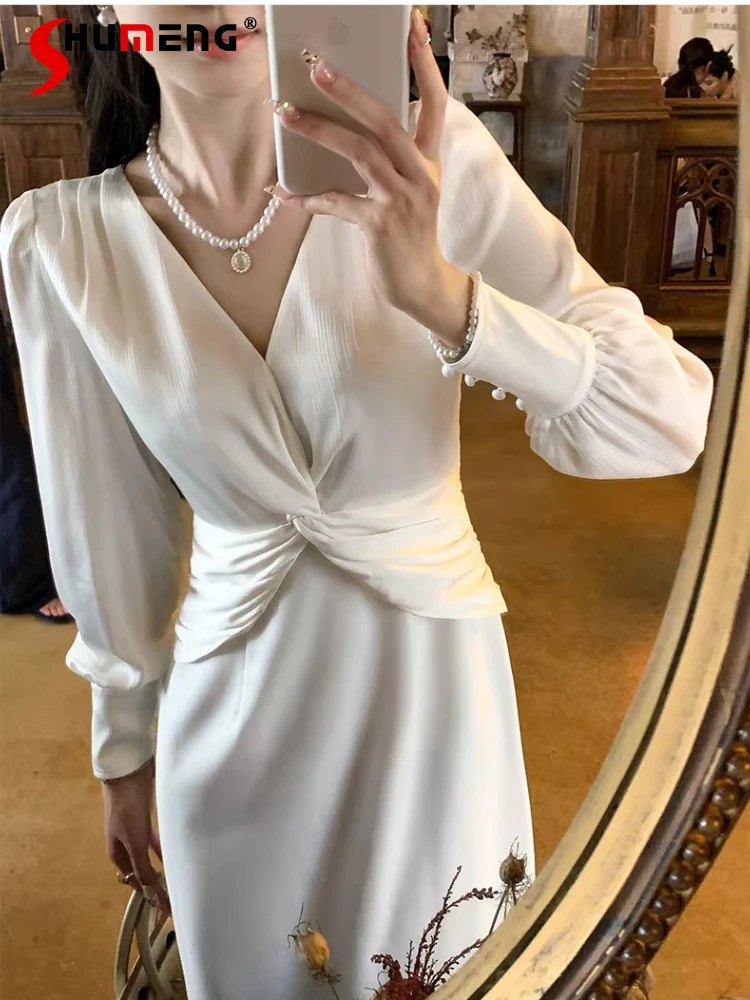 

Элегантное французское белое длинное платье в стиле ретро с v-образным вырезом и длинными рукавами и высокой талией для женщин, 2026, весеннее темпераментное банкетное вечернее платье