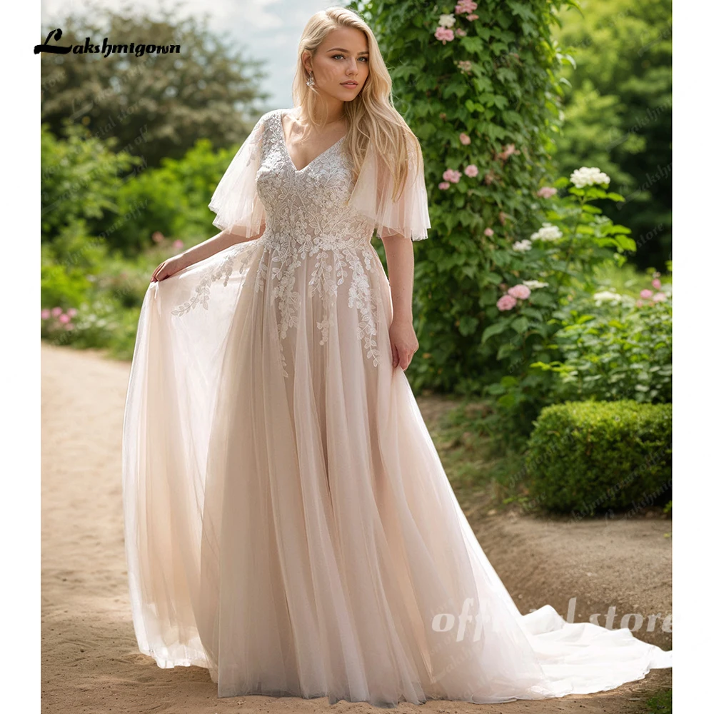 Lakshmigown Plus Size Hochzeitskleid Neue Damenkleider mit Applikationen aus Spitze, V-Ausschnitt, Champagnerfarben, A-Linie, Brautkleider, Robe De Mariée, Maßanfertigung – Detail 5