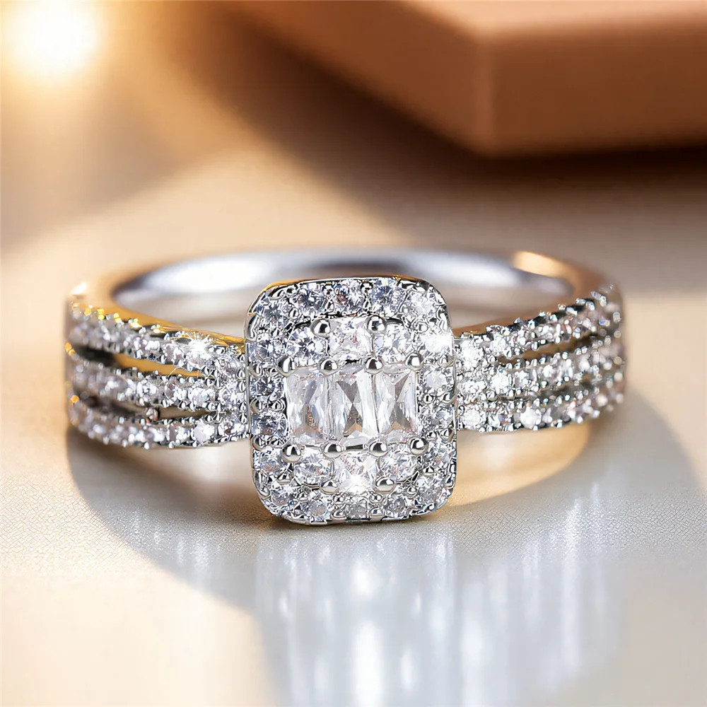 Cute Female White Zircon Stone Silver Color Wedding Jewelry Promise Engagement Rings For Women