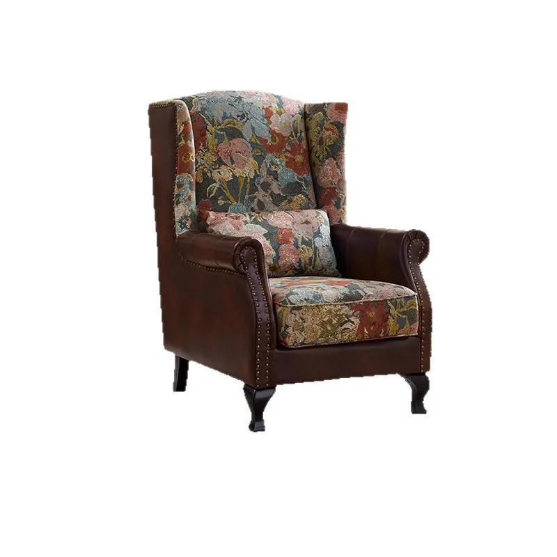 Retro fabric single sofa chair, living room home bedroom French high-backed tiger chair