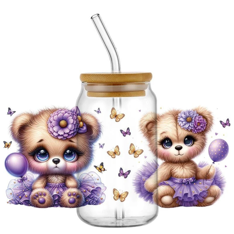 Cute Ballerina Teddy Bear UV DTF Wraps, Kawaii Tutu Bear Stickers for 16oz Glass Cans, Waterproof DIY Transfer Decals