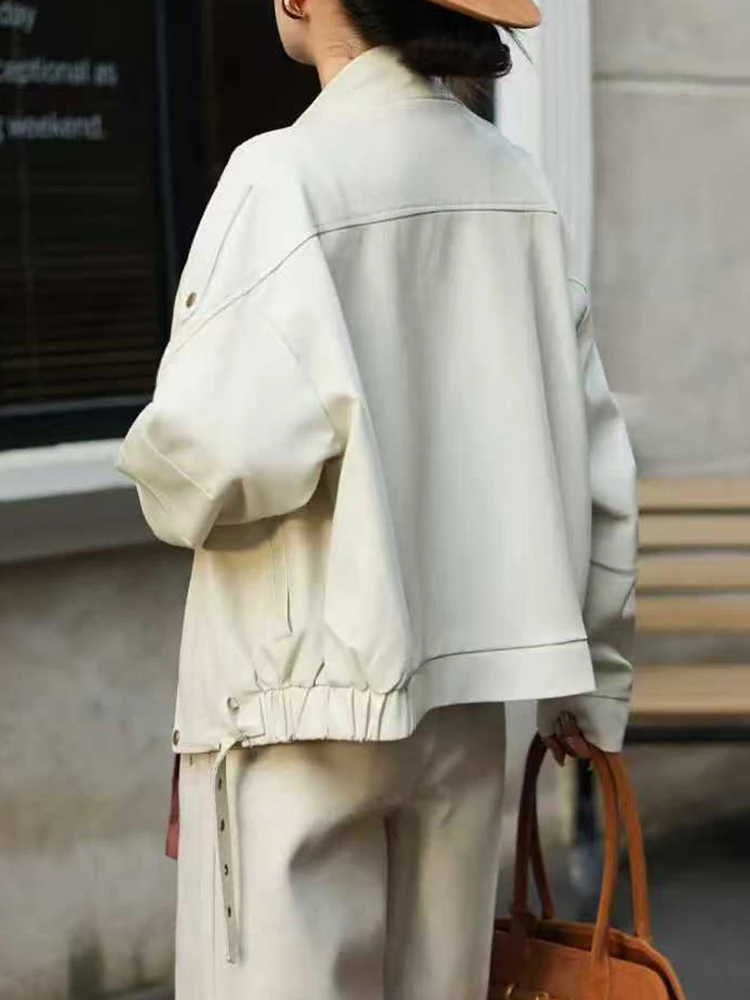 Beige Big Size Casual PU Leather Jacket New Stand Collar Long Sleeve Women Coat Fashion Tide Spring Autumn