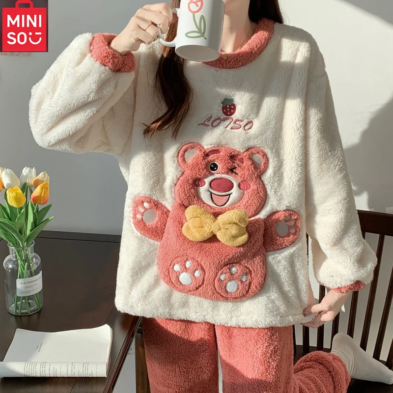 MINISO's new thick coral fleece cute cartoon casual large-size home wear flannel set