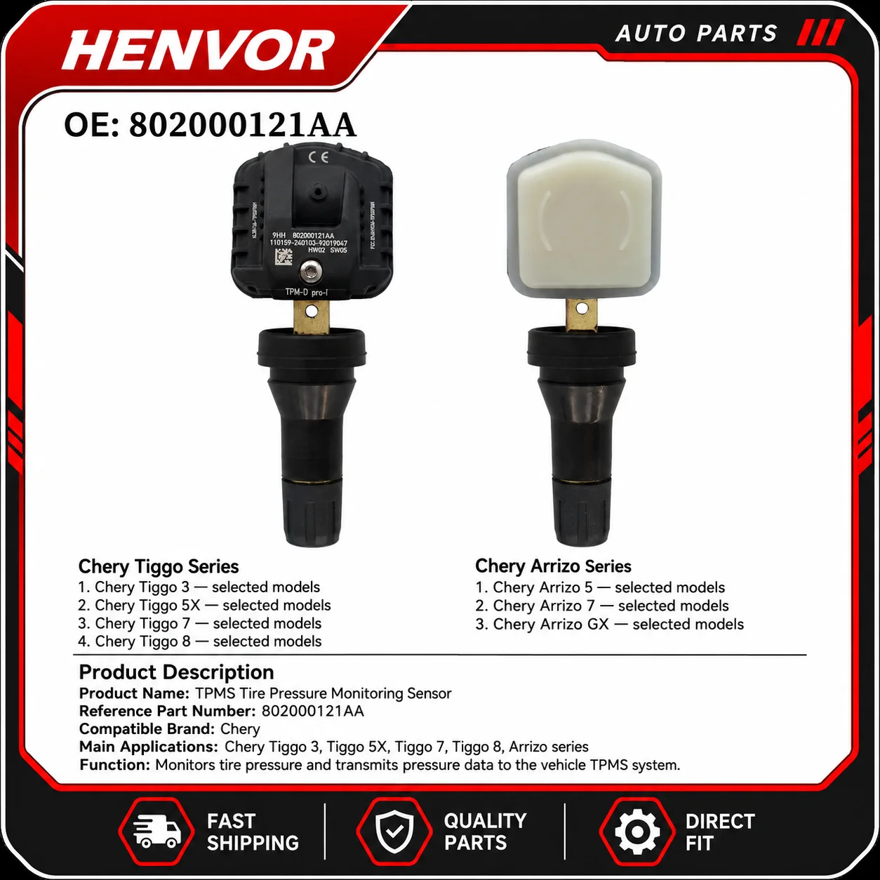 802000121AA TPMS Tire Pressure Sensor for Chery Tiggo 3 5X 7 8 Arrizo  Compatible Chery Models
