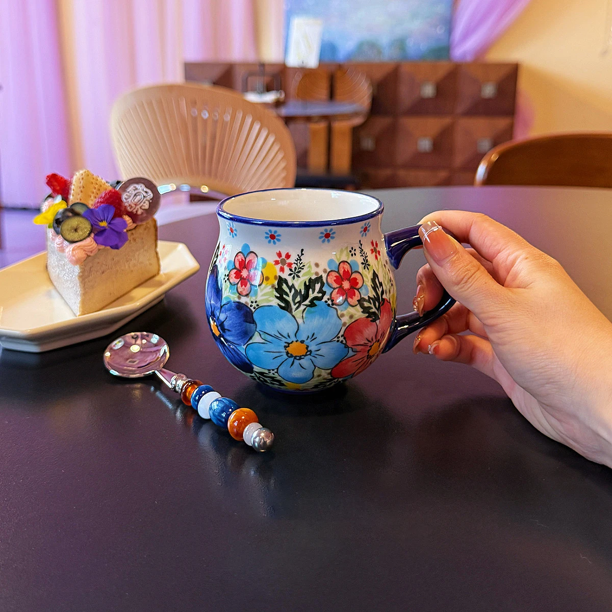 350ML Retro Polish Style Ceramic Coffee Mug Hand-painted Floral Pattern Water Cup With Spoon Tea Milk Drinkware Cup Gift
