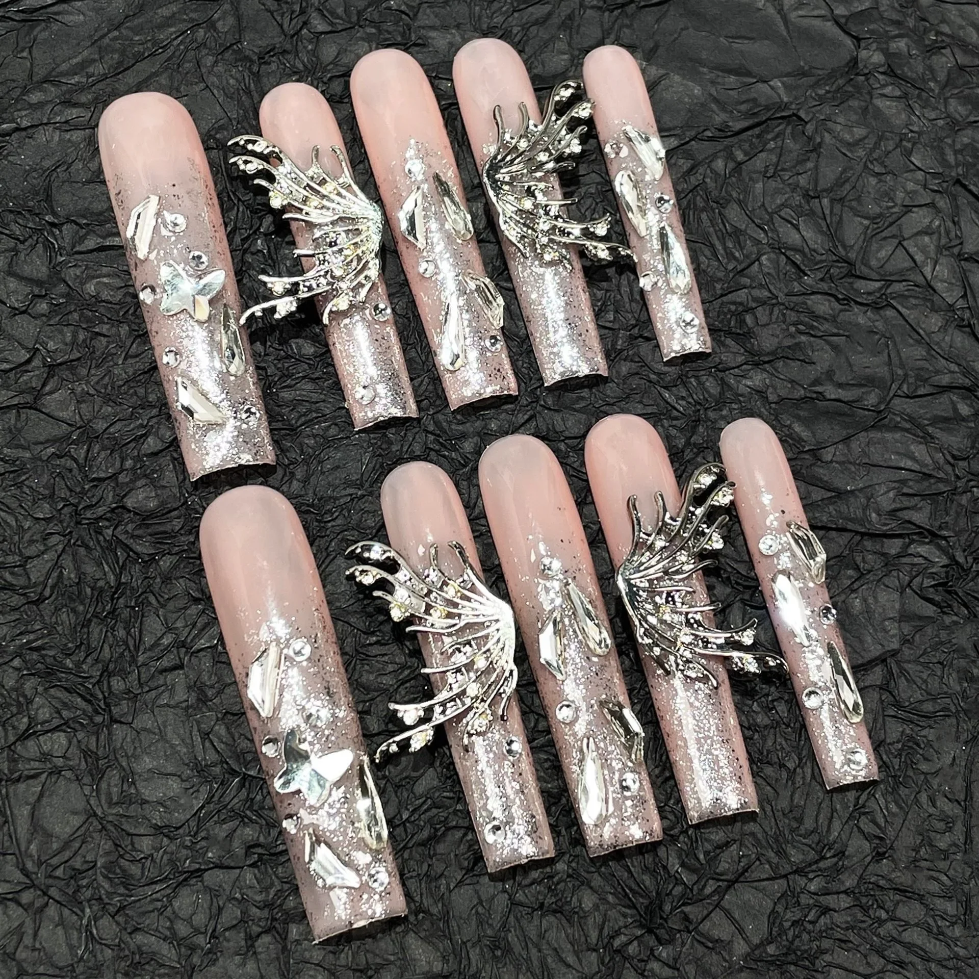 Handmade Butterfly XXXL Long Press On Nails Y2K Glittery False Nail Tips 5CM Acrylic Reusable Square Fake Nail With Glue Gift