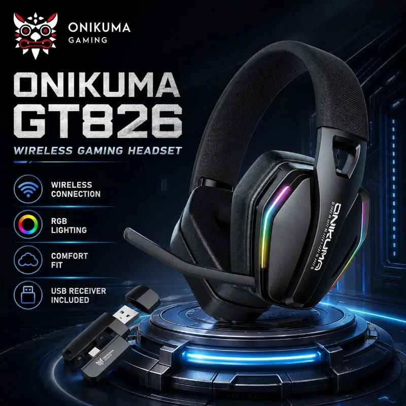 Auriculares para Juegos Onikuma GT826, Auriculares Inalámbricos RGB, 3 Modos, Bluetooth 2.4G, Baja Latencia, Sonido Estéreo, Micrófono para PC, PS5, Switch