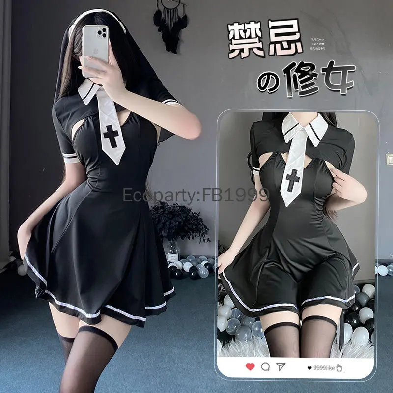 Sexy Nun Cosplay Costume Halloween Girls Kawaii Erotic Clothing Anime Gothic Roleplay Outfit Woman Slim Mini Dress With Scarf