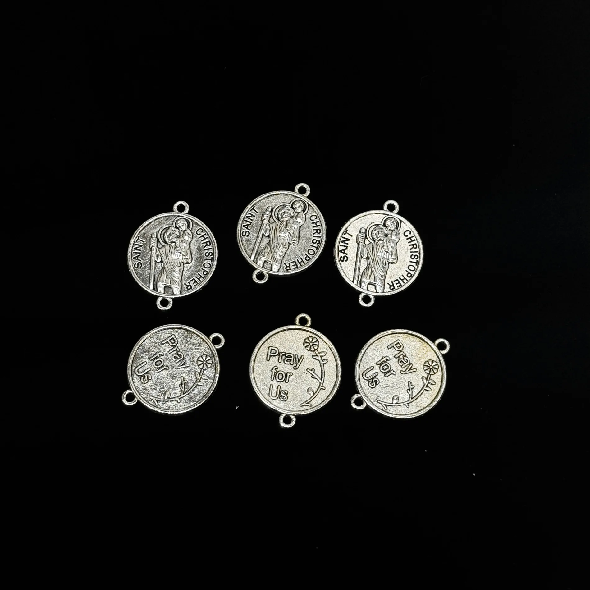 10Pcs Double Two Loop Saint Christopher Round Medal Charms Matte Silver Dual Sided Travel Rosary Bracelet Connectors