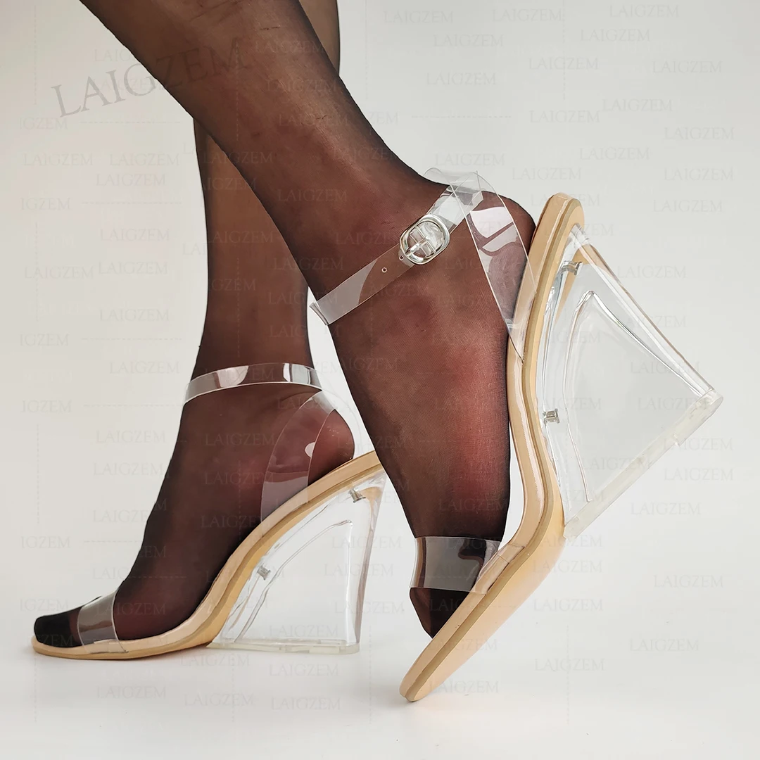 ZHIMA Women Sandals Clear Straps Transparent PVC Clear Wedges Heels Sandals Pumps Ladies Shoes Woman Large Size 34 38 41 44 47