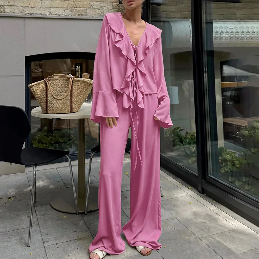 Autumn New V-neck Ruffle Edge Long-sleeved Shirt High Waist Wide Leg Pants Two-piece Set 2026 Fashion Europe and America