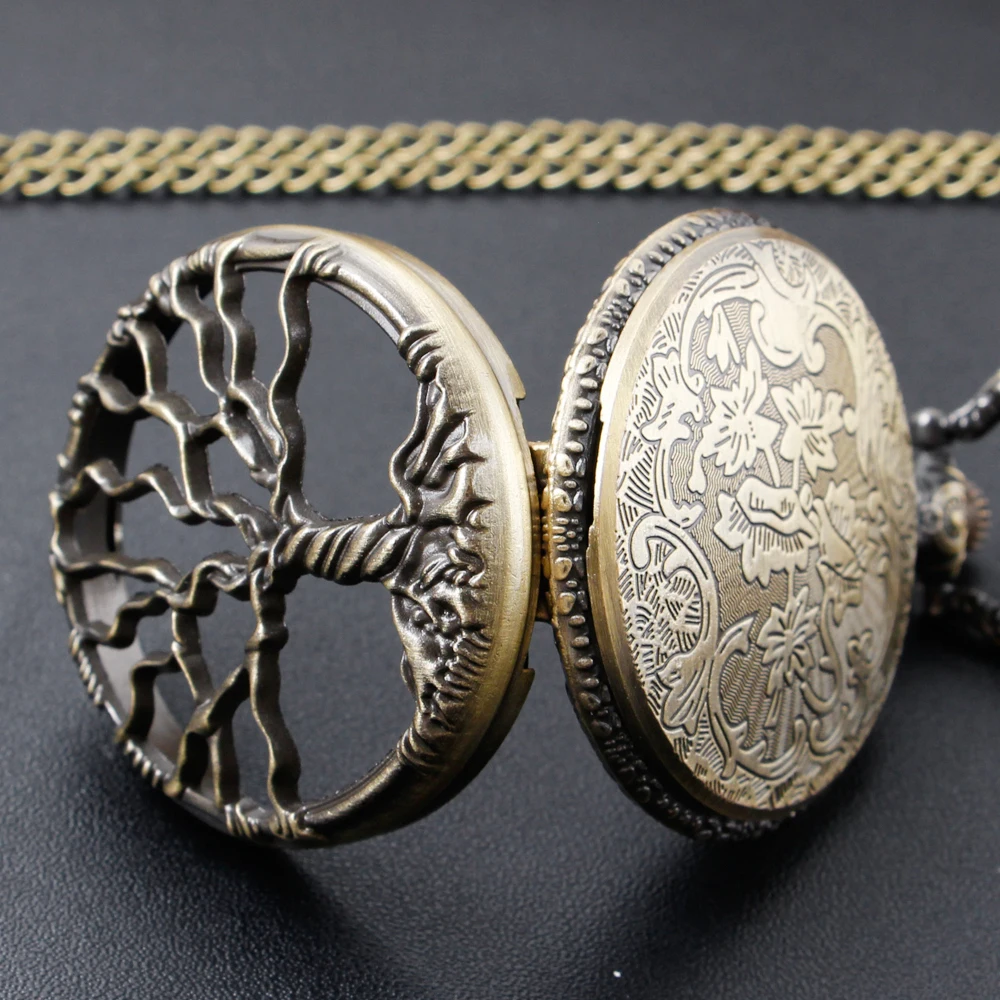 Bronze Life Tree Design Antique Quartz Pocket Watch with Pendant Necklace fob Clock Watch Gifts for Men Women