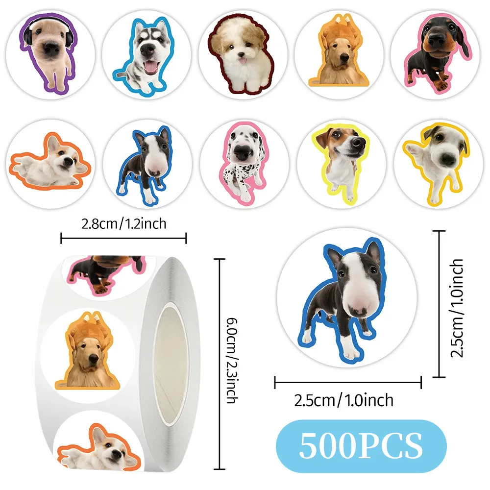 

Милые круглые наклейки с собачками, 500 листов/рулон, для дневников, планировщиков, поделок, канцелярских товаров, магазин BulingBulingStickers
