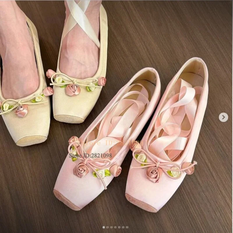 Women Wearing Ballet Shoes with Cross Straps Flowers Decor Fairy Ballerina Flats Square Toe Lace Up Shoes