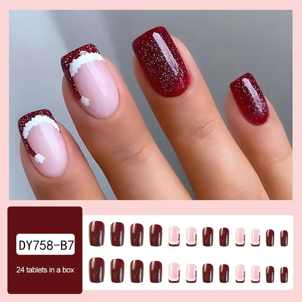 24pcs Christmas Cute Santa Hat Red French Glitter Press on Nails Girls Cheap Short Fake Nails Kawaii Simple False Nail with Glue