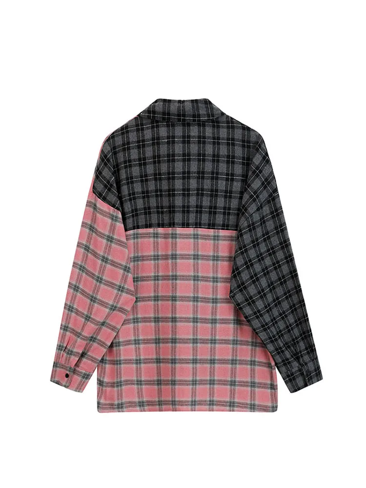 Drehen-unten Hals Langarm Patchwork Plaid Shirts Frauen Herbst Oversize Button Up Hemd Koreanische Mode Casual Outwear Tops