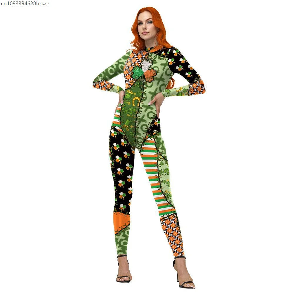 Férias dia de são patrício cosplay impressão 3d macacão feminino masculino catsuit traje festa disfarce oufit terno mostra bodysuit