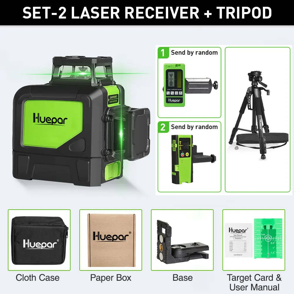 Huepar 8 Lines Laser Level 360° Cross Line Self-leveling Horizontal & Vertical Line Laser Tool With Laser Receiver and Tripod