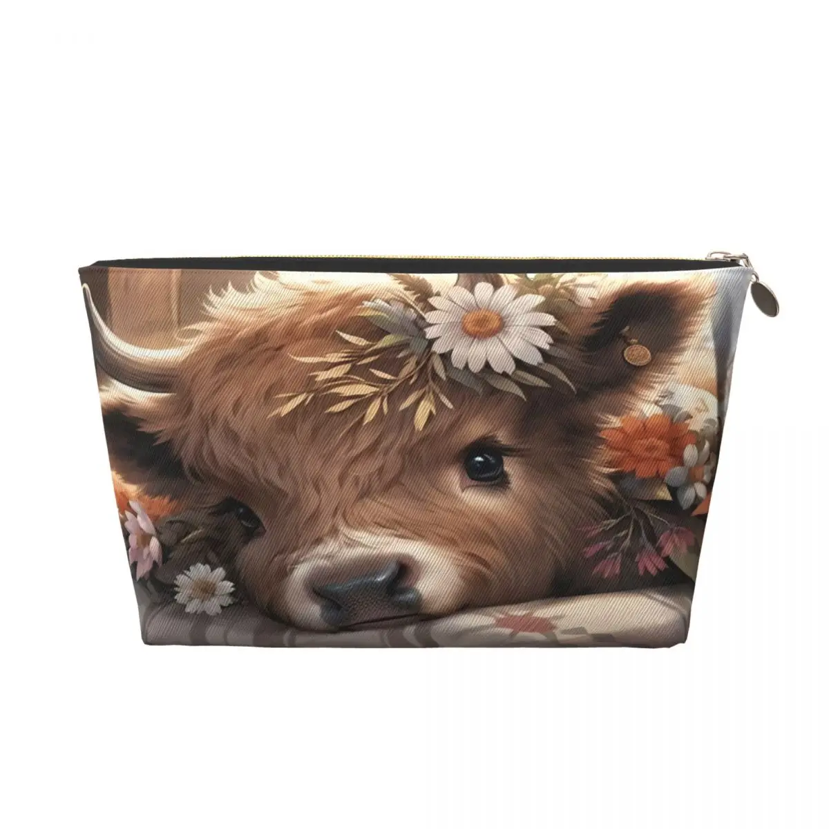 Custom Highland Cow And Flower Toiletry Bag for Women Cosmetic Makeup Organizer Lady Beauty Storage Dopp Kit Box