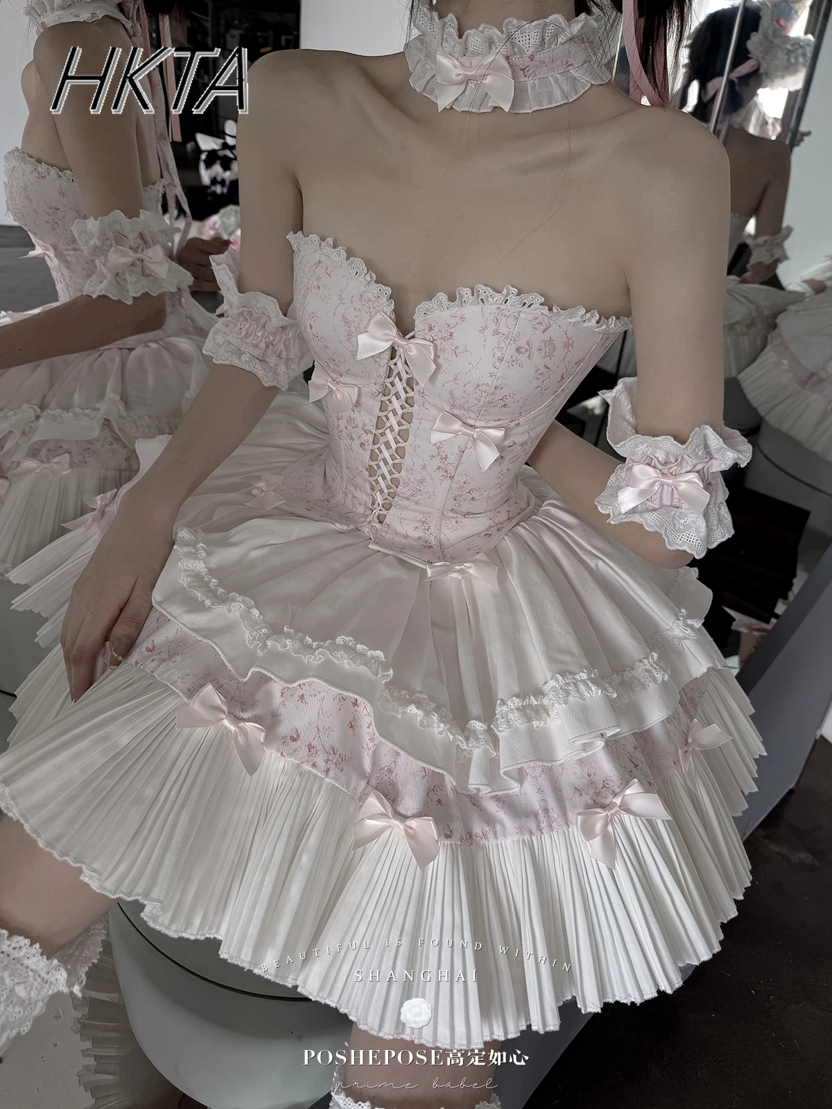 

Lolita High Waist Slim Tube Top Skirt Princess Dress Sets Women Summer New Sweet Cute Crop Top Bow Pleated A Line Cake Dress