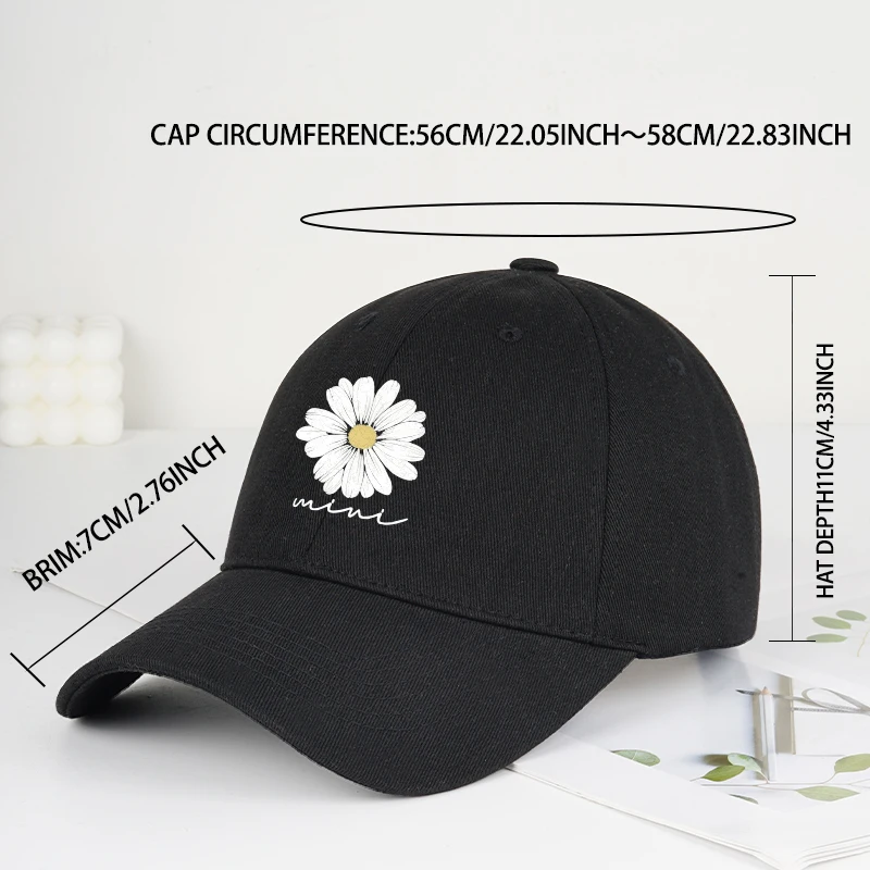 Mini Daisy Print Baseball Cap for Men and Women: Minimalist Style with “mini” Lettering, Adjustable Dad Cap, Casual Sun Hat