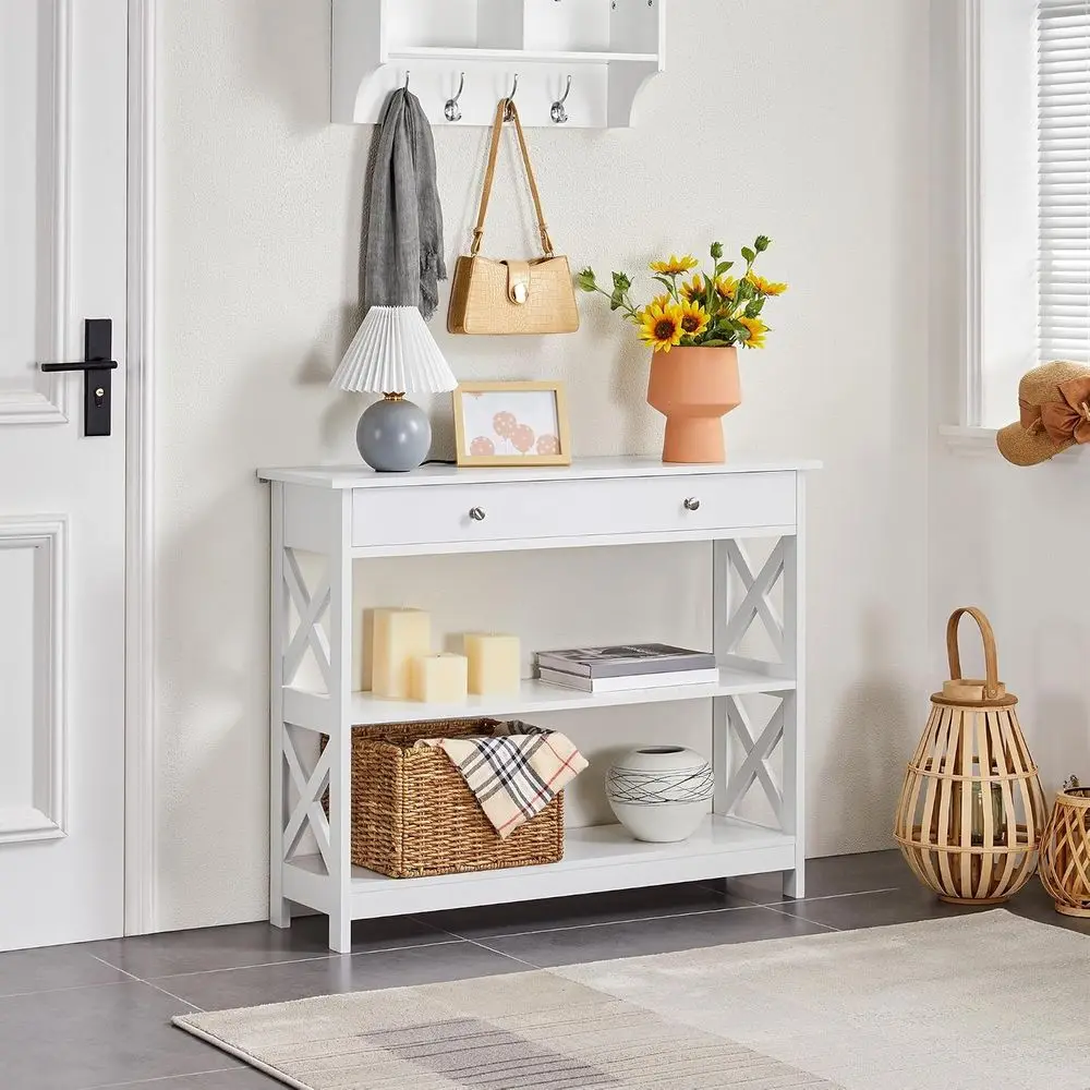 ole Table with Der, 3-Tier Entryway Table with Storage Shelves, Wood Narrow Soa Table or Entryway/Hallway/Living Room, White