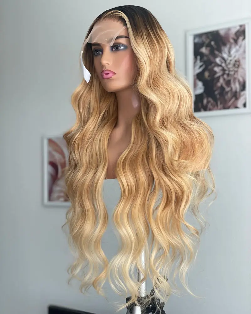 واقعية العسل شقراء الاصطناعية الدانتيل الباروكات مع جذور داكنة متنوعة موجة عميقة سهلة الصيانة ألياف سمراء شعر مستعار تأثيري #4