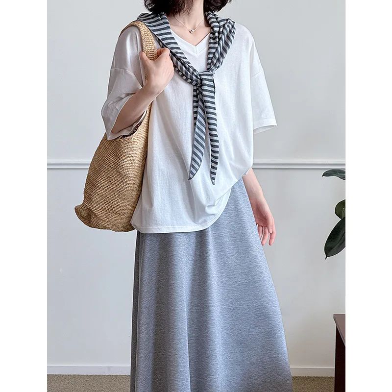 

Summer solid color women's shirt+hanging half skirt+shawl loose lazy style comfortable breathable cotton 2025 new