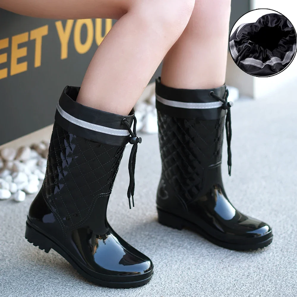 Fashionable and Minimalist Style Drawstring and Tight Mouth Waterproof and Anti-Slip Outdoor Work Women's Rain Boots
