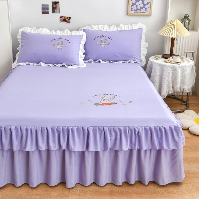 3 Piece Luxury Purple Double Layer Ruffle Bed Skirt Set, Cartoon Bunny Print Girls Women Children Bedroom Decoration Bed Cover