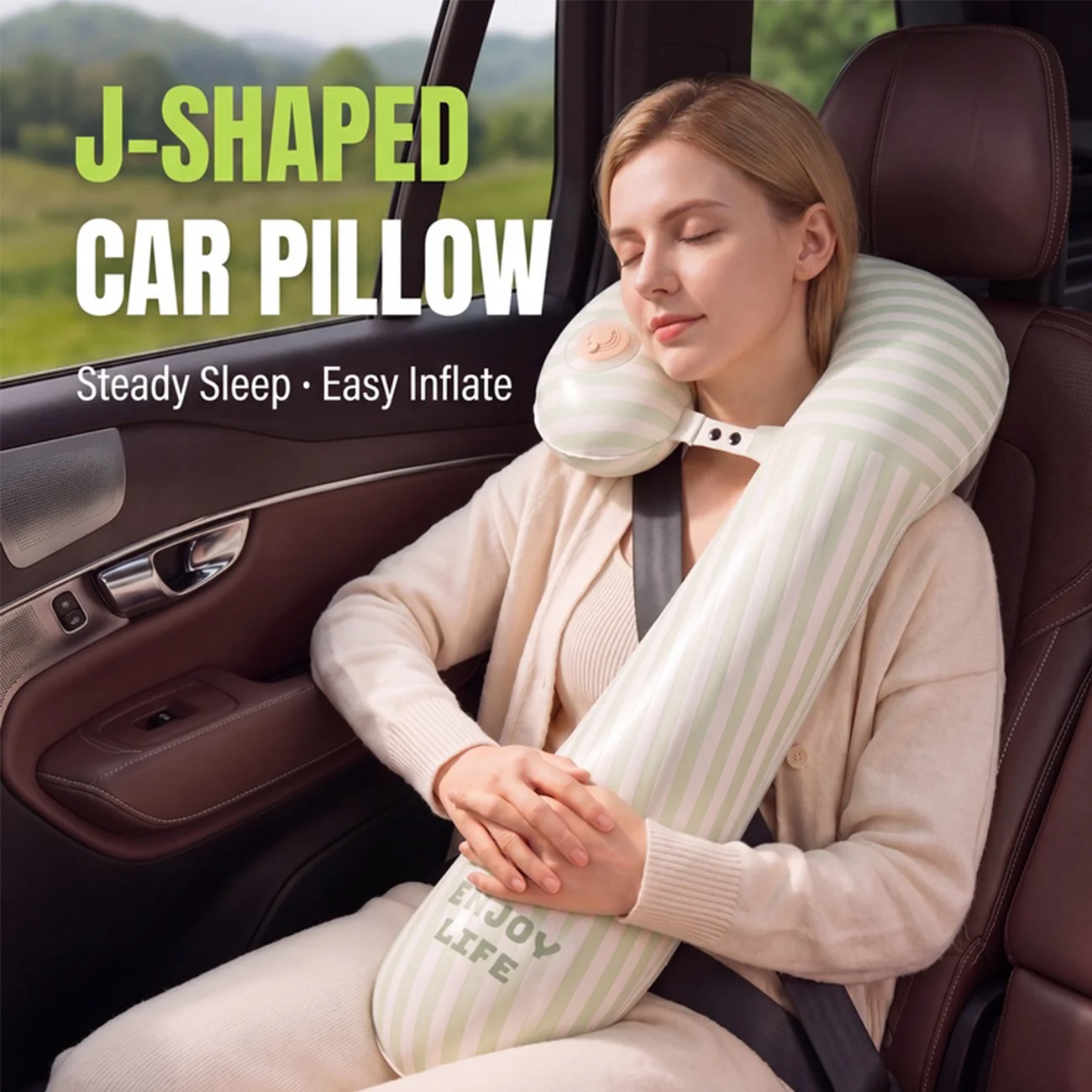 J Shaped Inflatable Travel Pillow, Built in Pump Car Neck Support Pillow Head Chin Arm Rest Cushion for Airplane Train Office