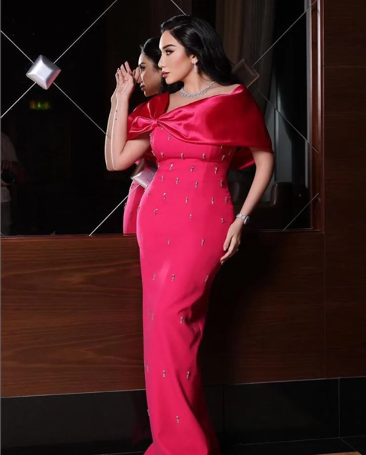 فوشيا قبالة الكتف فساتين حفلة موسيقية حورية البحر مخصص كريستال جيرسي مفصل السعودية العربية مساء ثوب رسمي الزي