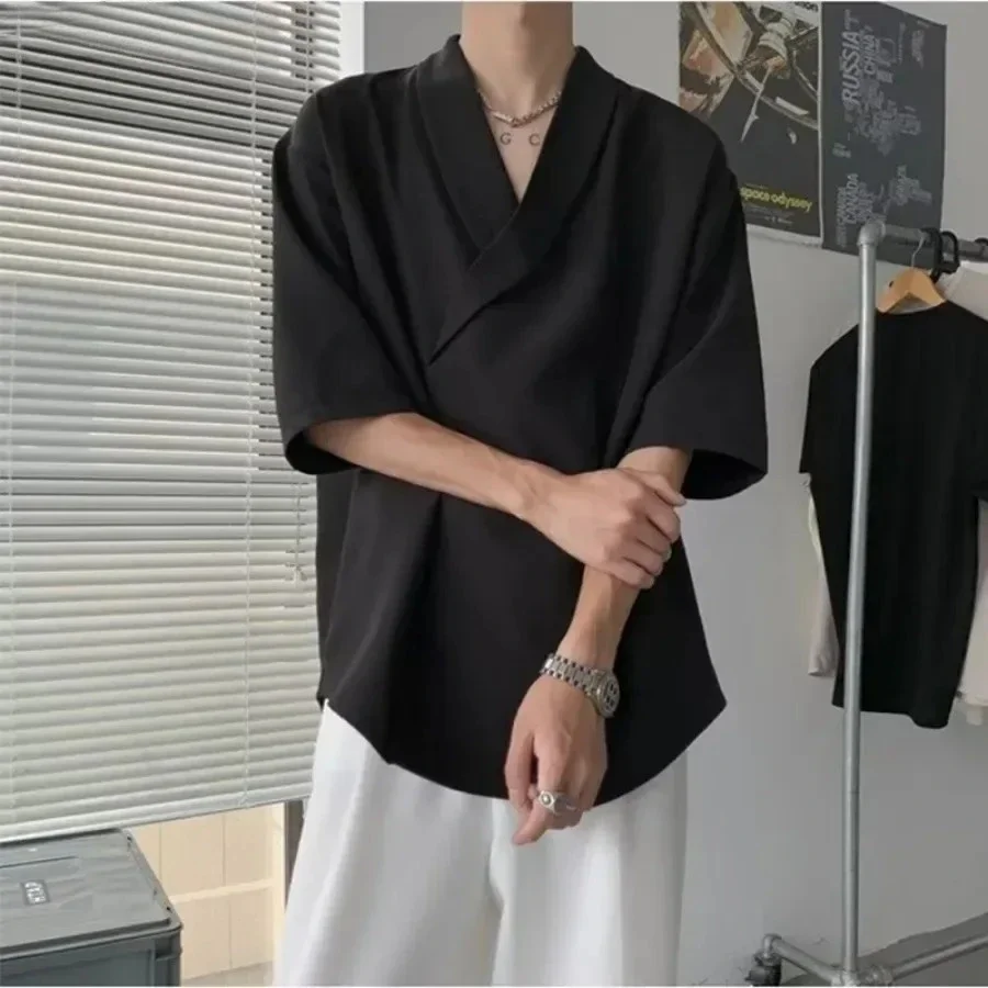 Summer Solid Deep V-neck Shirts Men's Fashion Casual Pullovers Korean Style Loose Short Sleeve Shirts New Male Trend Tops