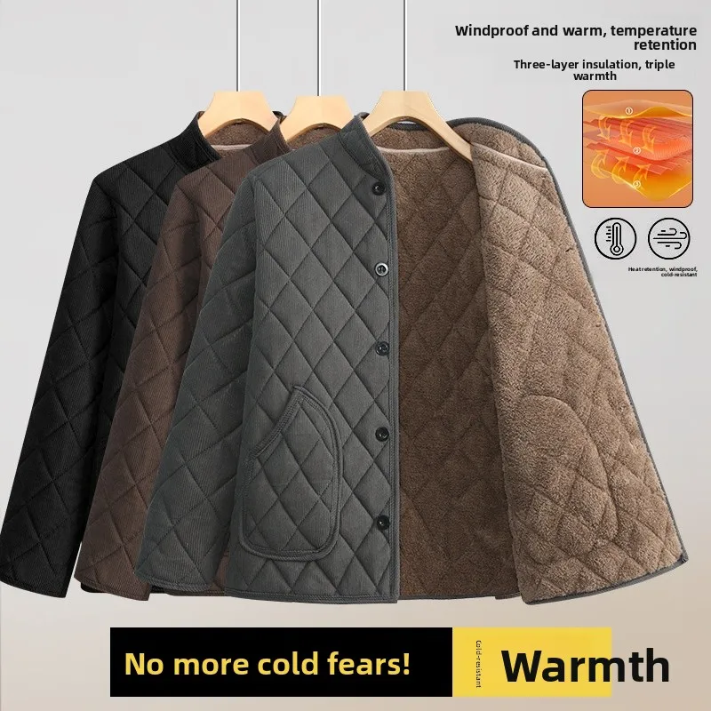 Thickened Fleece Men's Cotton Jacket Autumn Winter Middle-Aged And Elderly Dad Style Coat Warm Stand Collar Cold Resistance C...