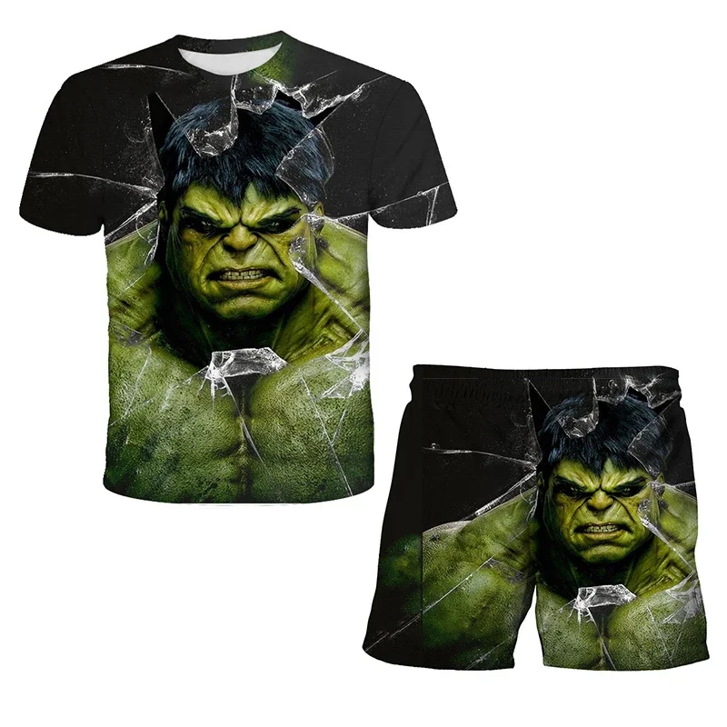 Conjunto de Verão para Meninos Spider-Man Marvel Hulk Iron Man, Camiseta e Shorts Respiráveis em 2 Peças