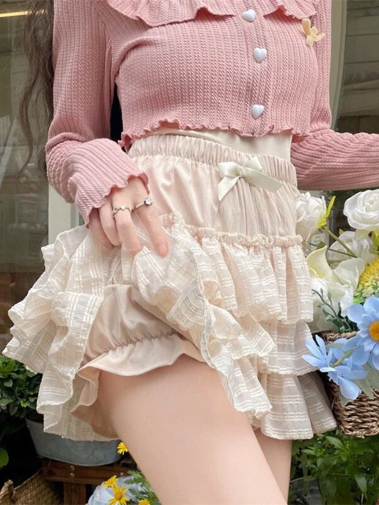 Pink Japanese Kawaii Two Piece Set Women Sweet Party Bow Cute Skirt Suit Female Elegant Long Sleeve Cardigan＋Mini Cake Skirt New