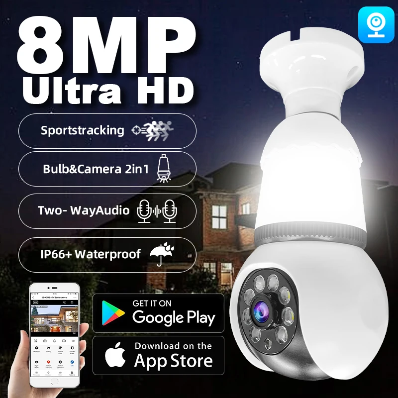 8MP E27 LED لمبة كاميرا واي فاي كاميرا مراقبة AI تتبع تلقائي فيديو داخلي 8X التكبير اللون للرؤية الليلية كاميرا لاسلكية CCTV
