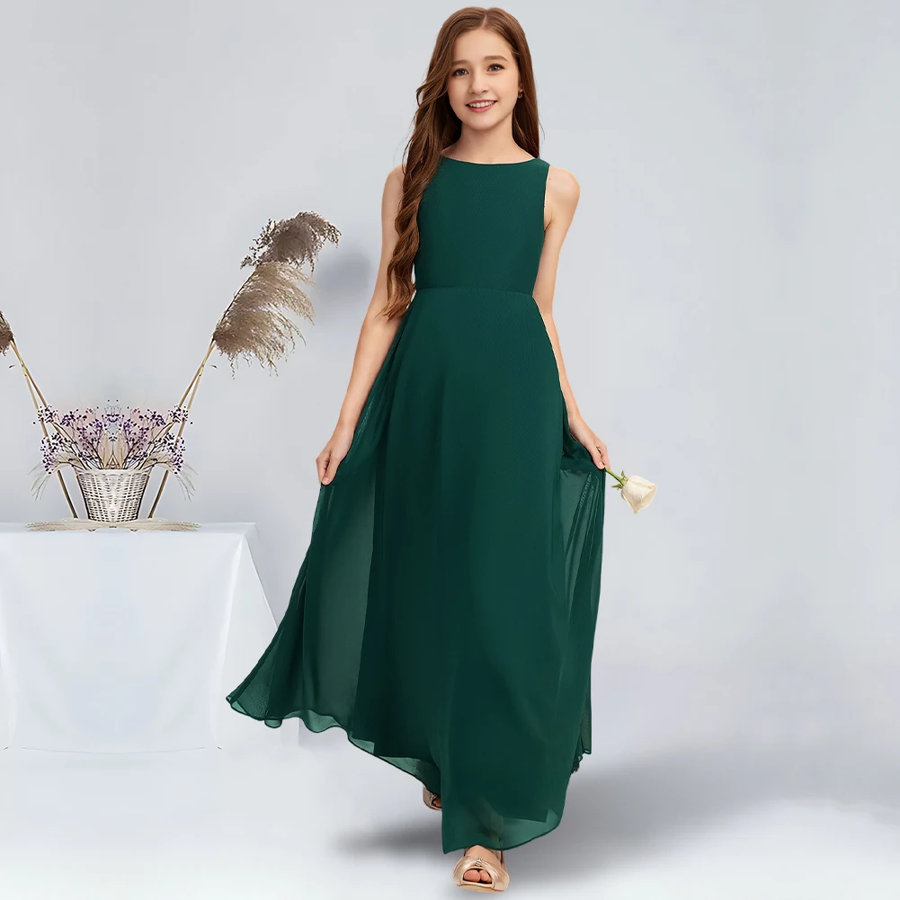 A-line Scoop Floor-Length Chiffon Junior Bridesmaid Dress Dark Green Flower Girl Dress for Wedding Party Teens Communion Dress