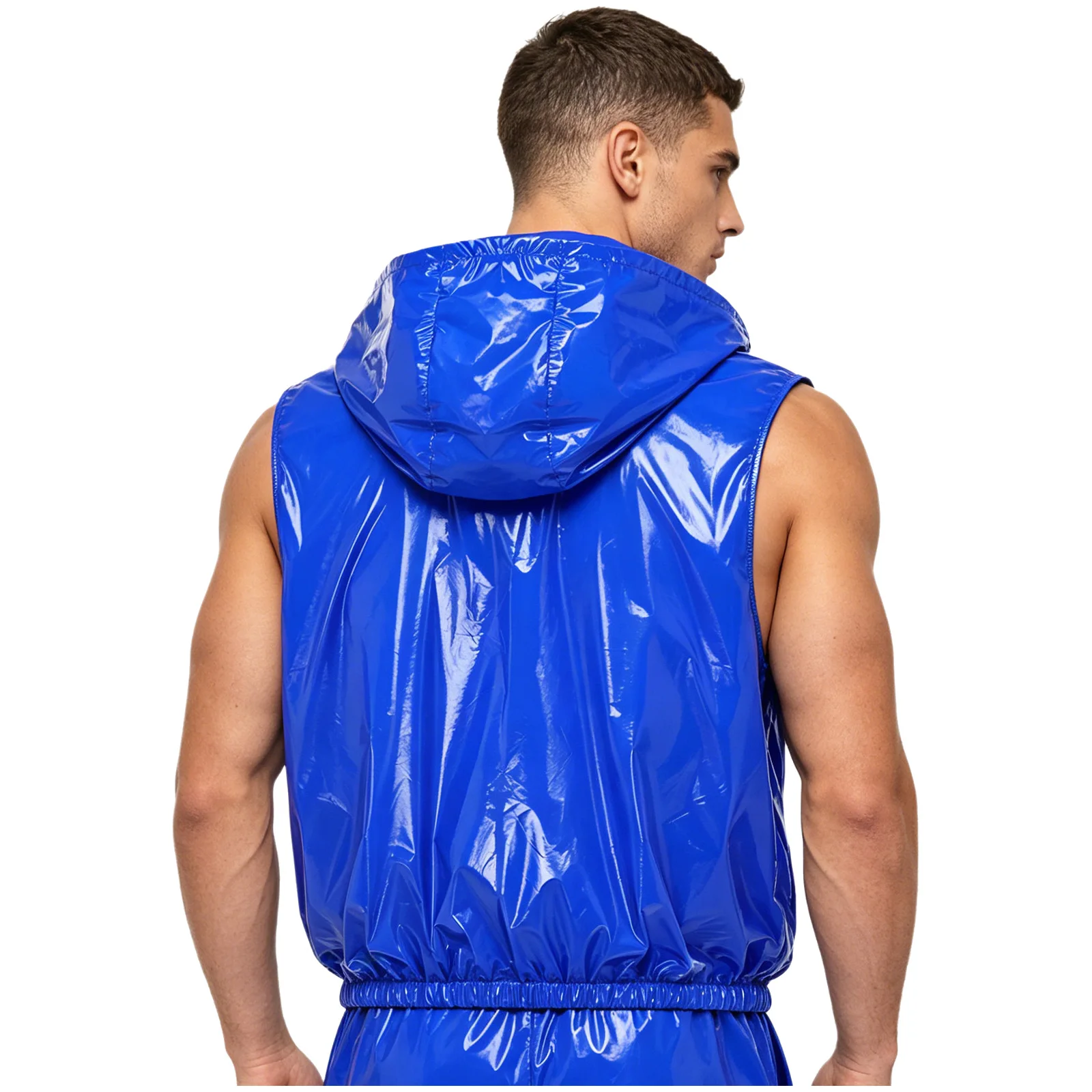 Men's Glossy Waterproof Hooded Vest Sleeveless Detachable Hood Zipper Tank Top with Pockets Cycling Sports Outerwear Clubwear