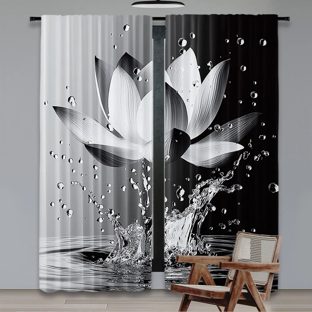 2Pcs Lotus Curtain Black White Grey Flower Elegant Blooming Floral With Dew Spring Flower On Water Modern Romantic Bathroom